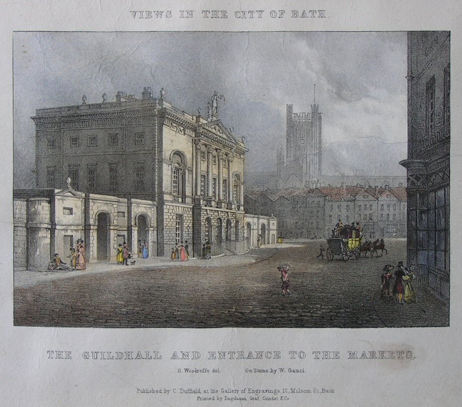 Lithograph - Views in the City of Bath. The Guild Hall and Entrance to the Markets - Gauci